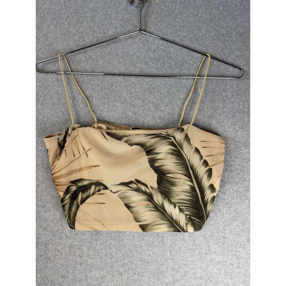 Windsor Tropical Palm Leaf Print Crop Top Tan Green Spaghetti Strap Cami Small